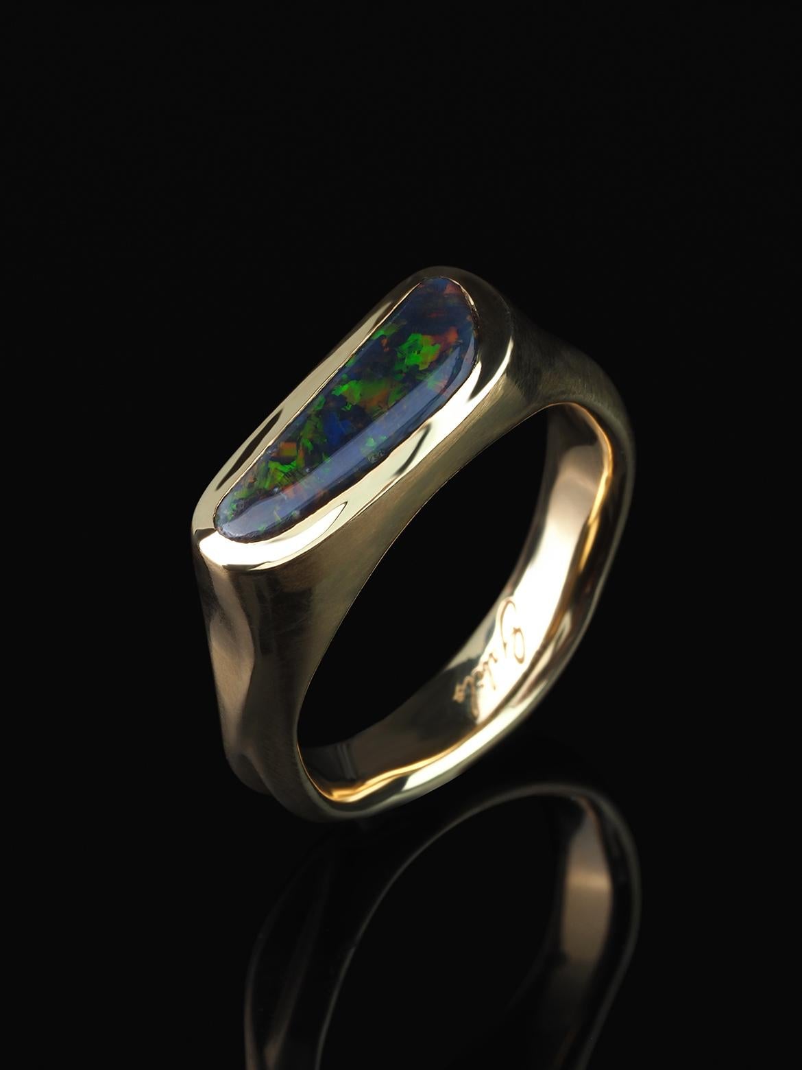 18K yellow gold ring with natural Black Opal
black opal - Australia
opal measurements - 0.2 х 0.59 in / 5 х 15 mm
stone weight - 1.40 carats
ring weight - 11.74 grams
ring size - 8.5 US


We ship our jewelry worldwide – for our customers it is free