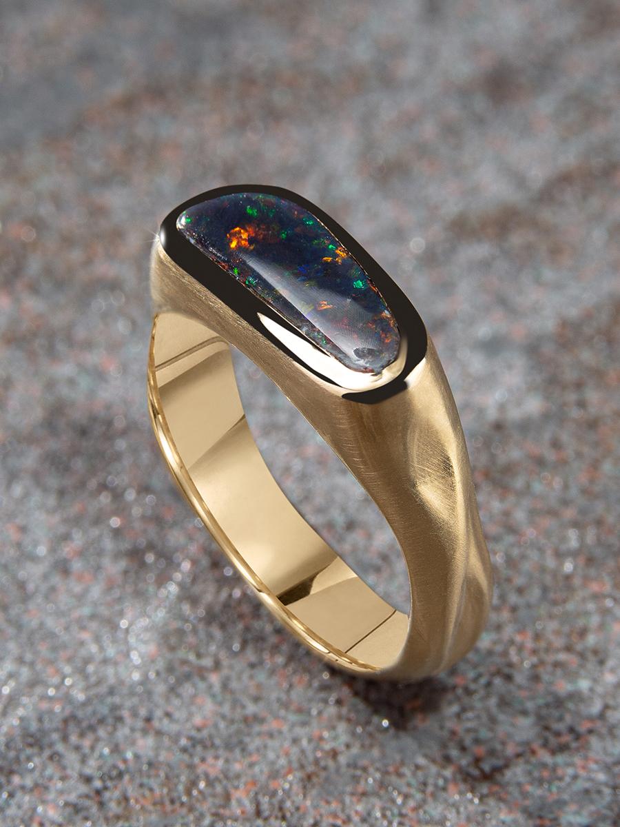 Black Opal Gold Ring Unises Stardust Pattern Engagement Style For Sale 1