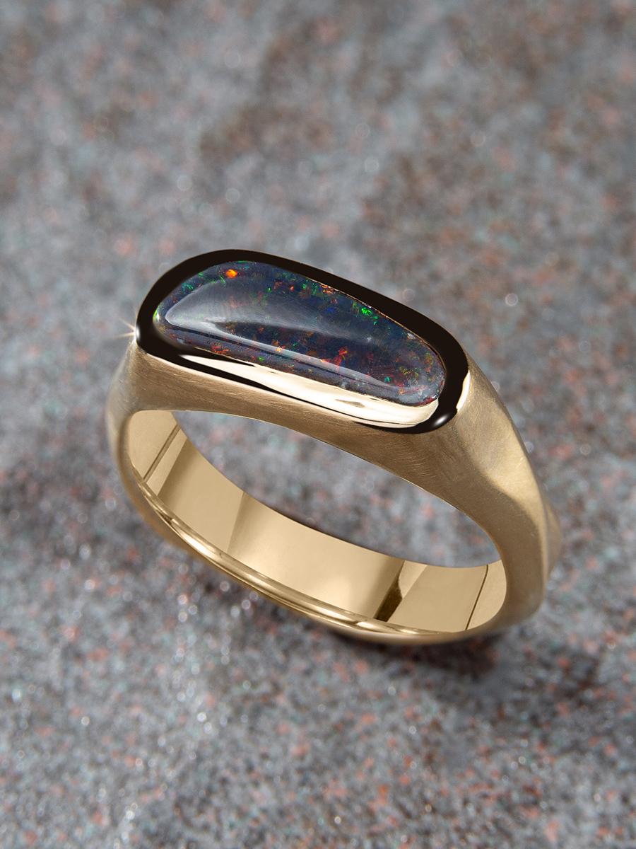 Black Opal Gold Ring Unises Stardust Pattern Engagement Style For Sale 2