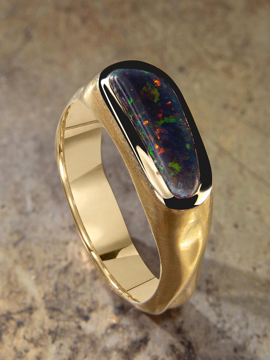 Black Opal Gold Ring Unises Stardust Pattern Engagement Style For Sale 3