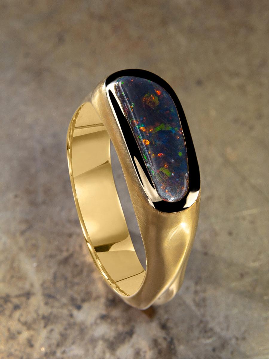 Black Opal Gold Ring Unises Stardust Pattern Engagement Style For Sale 4
