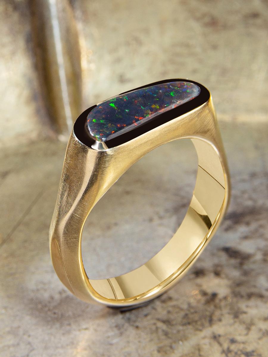 Black Opal Gold Ring Unises Stardust Pattern Engagement Style For Sale 5