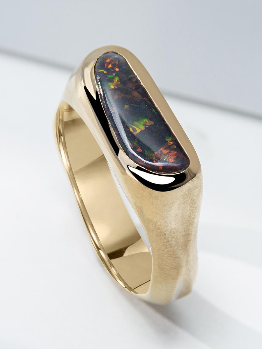 Black Opal Gold Ring Unises Stardust Pattern Engagement Style For Sale 6
