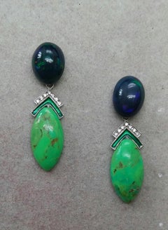 Black Opal Green Turquoise Blue Sapphires Green Enamels Diamonds Gold Earrings