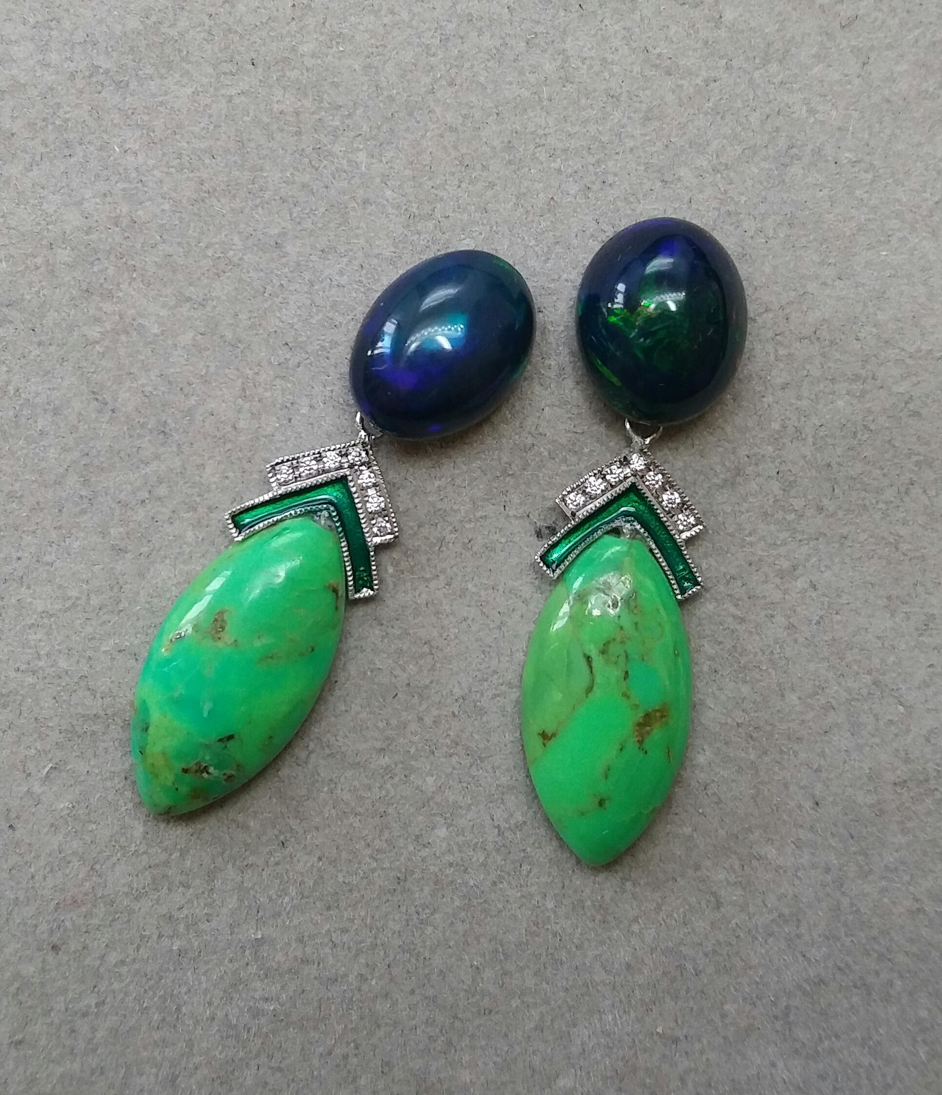 Art Deco Black Opal Green Turquoise Blue Sapphires Green Enamels Diamonds Gold Earrings For Sale