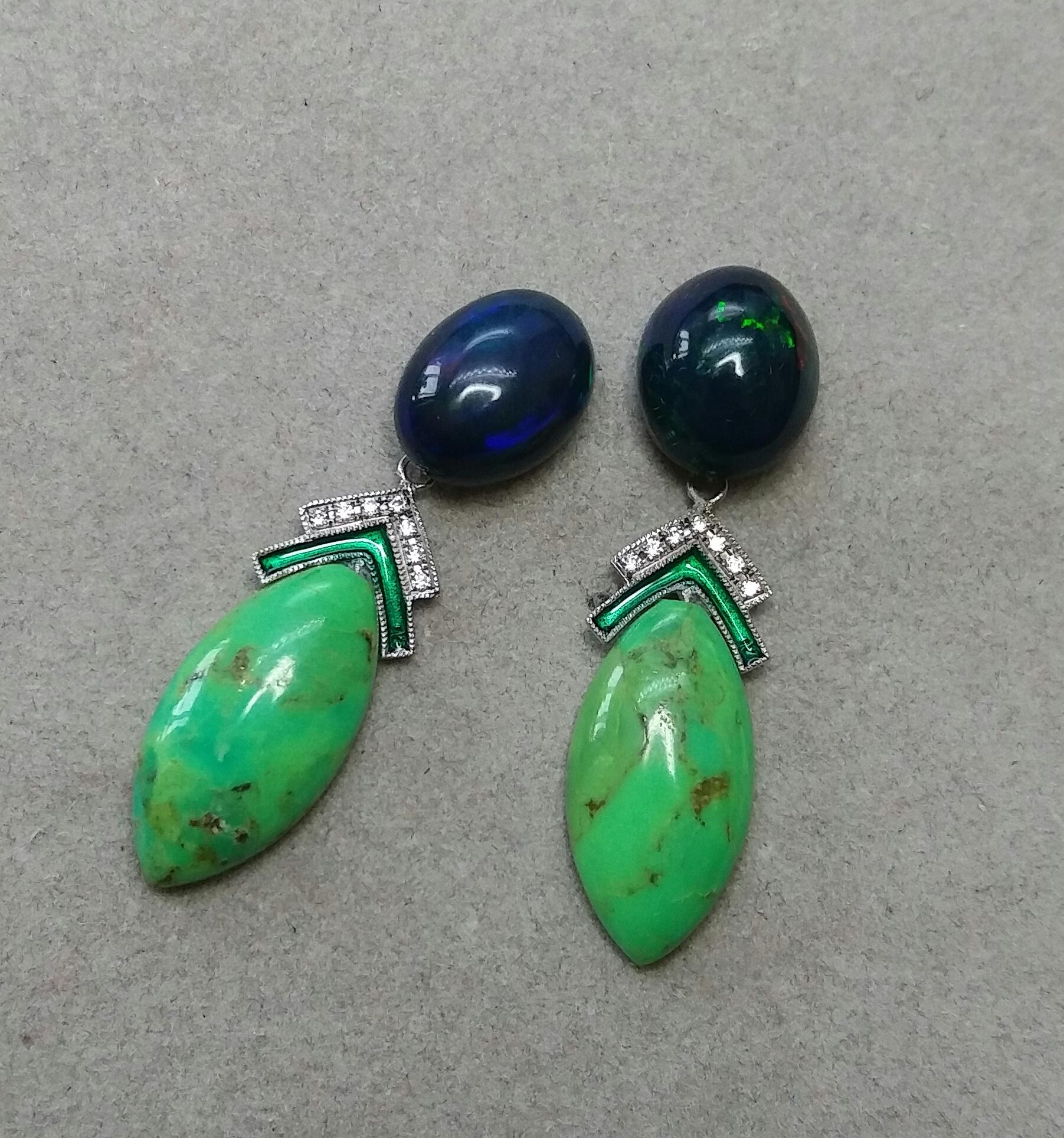 Mixed Cut Black Opal Green Turquoise Blue Sapphires Green Enamels Diamonds Gold Earrings For Sale