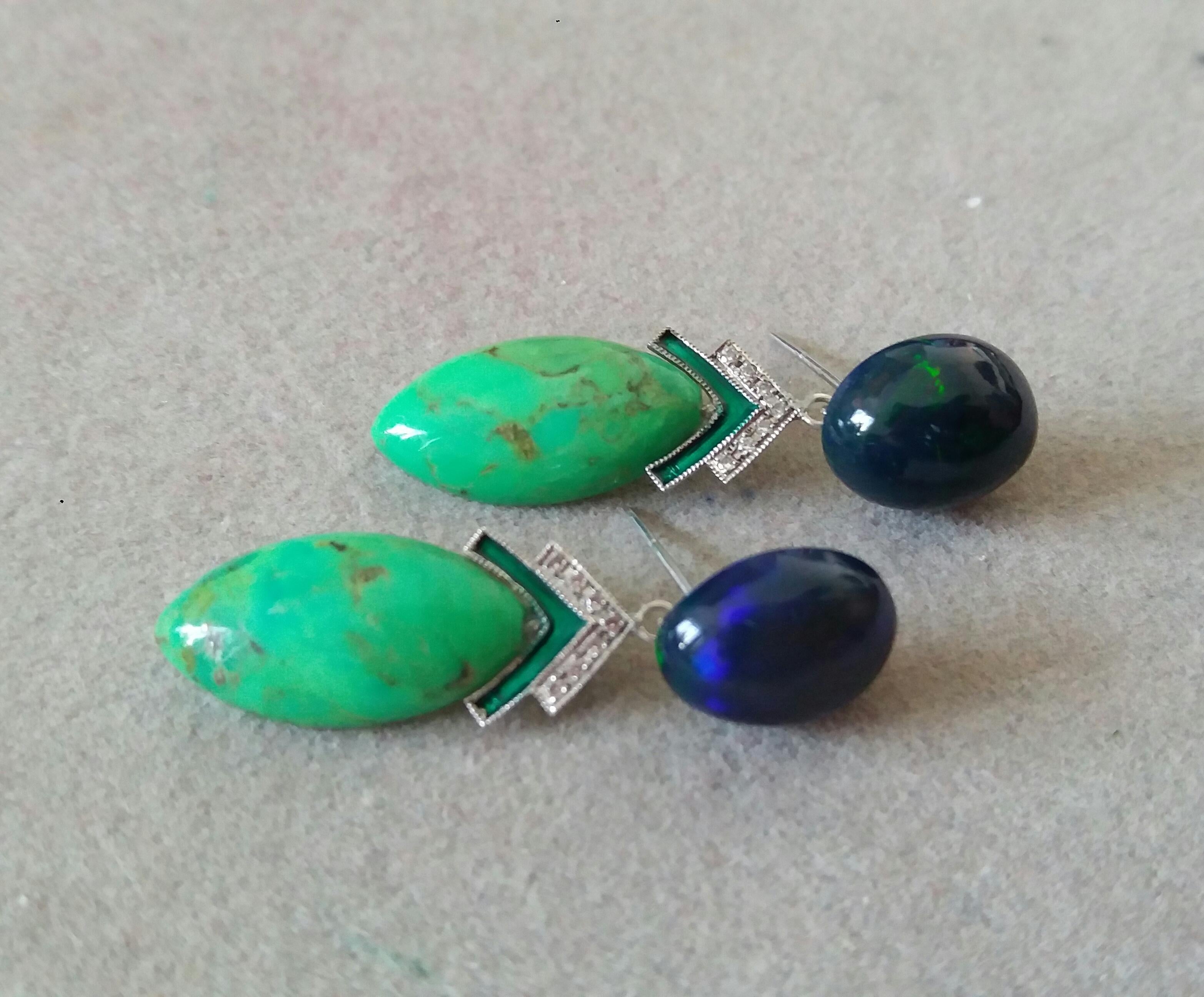 Black Opal Green Turquoise Blue Sapphires Green Enamels Diamonds Gold Earrings In Good Condition For Sale In Bangkok, TH