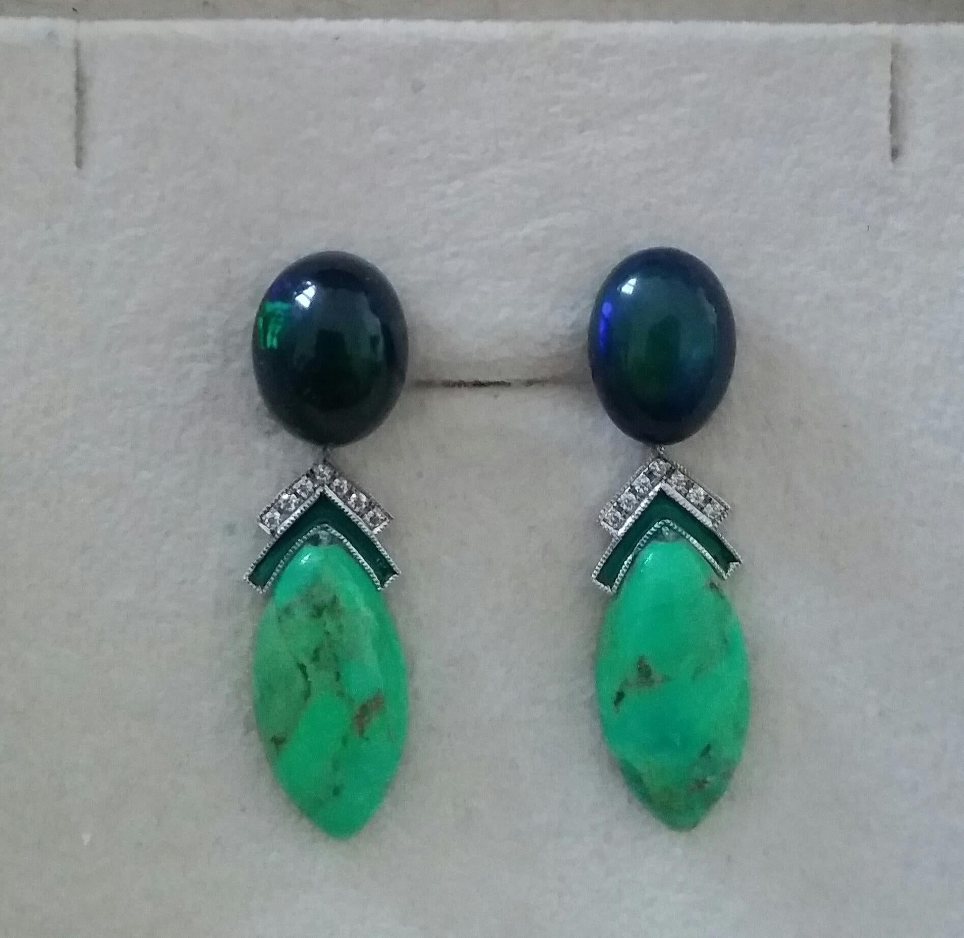 Black Opal Green Turquoise Blue Sapphires Green Enamels Diamonds Gold Earrings For Sale 2
