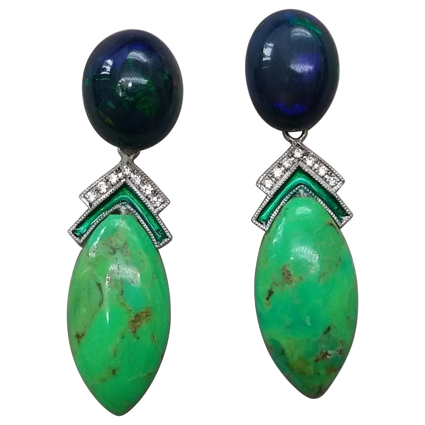 Black Opal Green Turquoise Blue Sapphires Green Enamels Diamonds Gold Earrings