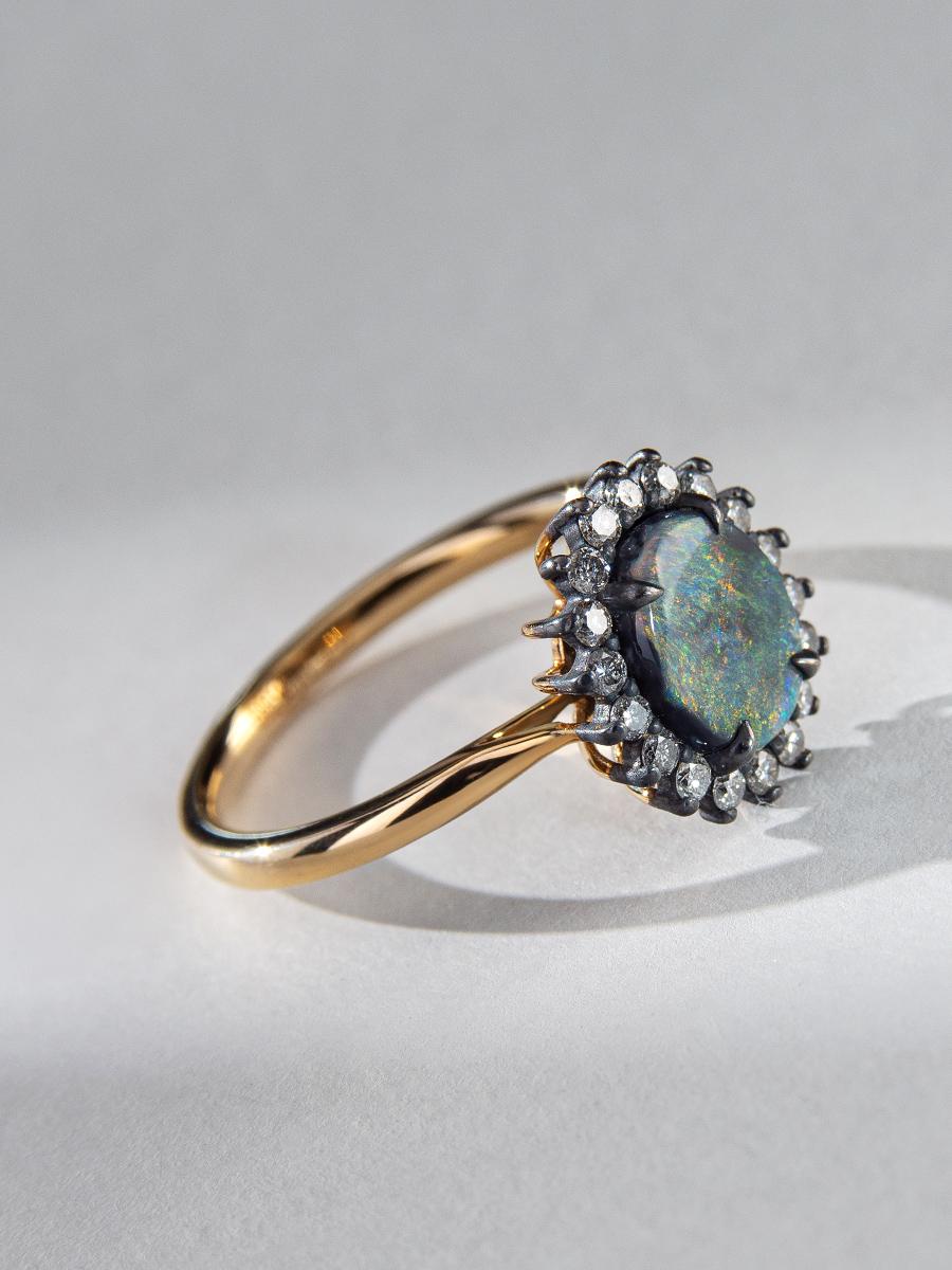 Black Opal Grey Diamonds Gold Ring Red Green Color For Sale 2