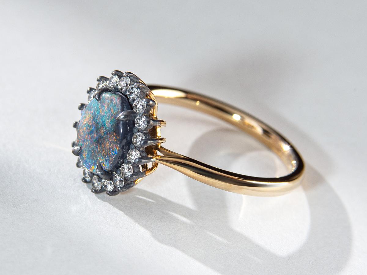 Black Opal Grey Diamonds Gold Ring Red Green Color For Sale 5