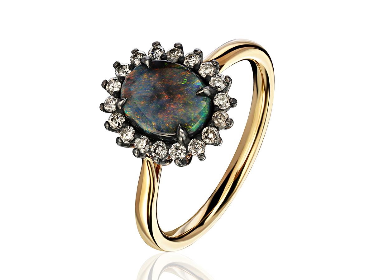 Bague en or avec opale noire et diamants gris de couleur rouge et verte en vente 10