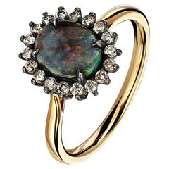 18K Gold & Patinated Silver Ring with Natural Black Opal and Anthracite Diamonds