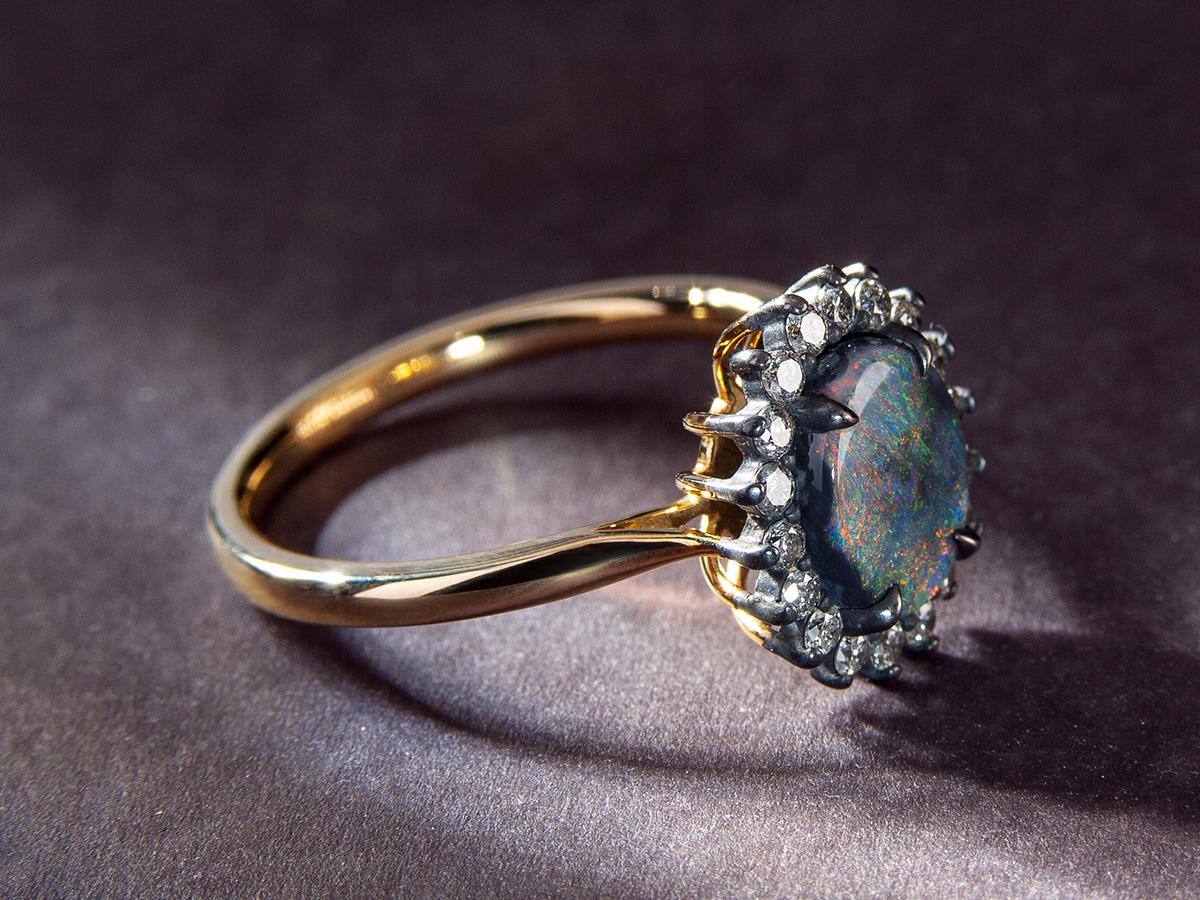 Victorian Black Opal Grey Diamonds Gold Ring Red Green Color For Sale