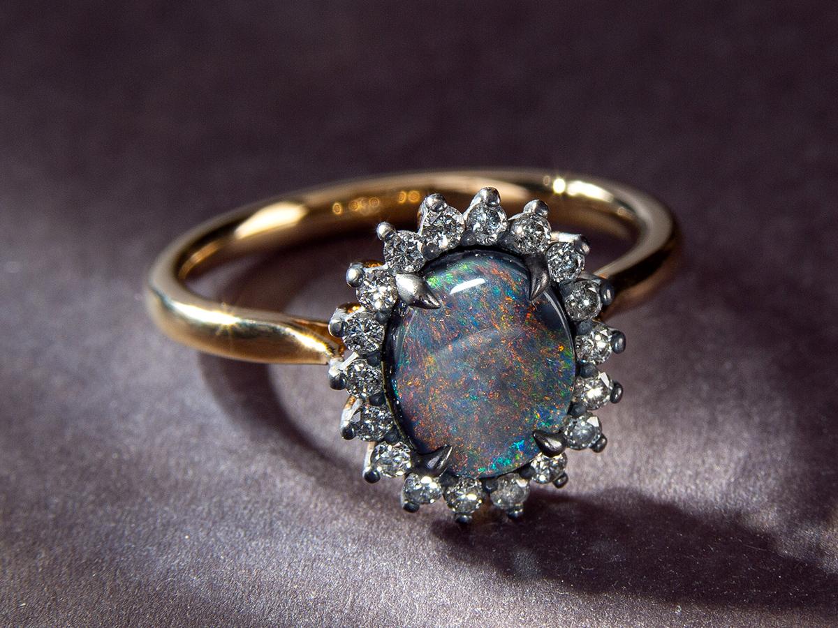 Cabochon Black Opal Grey Diamonds Gold Ring Red Green Color For Sale