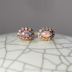 Black Opal & Halo Diamond Stud Earrings 14k Yellow Gold.