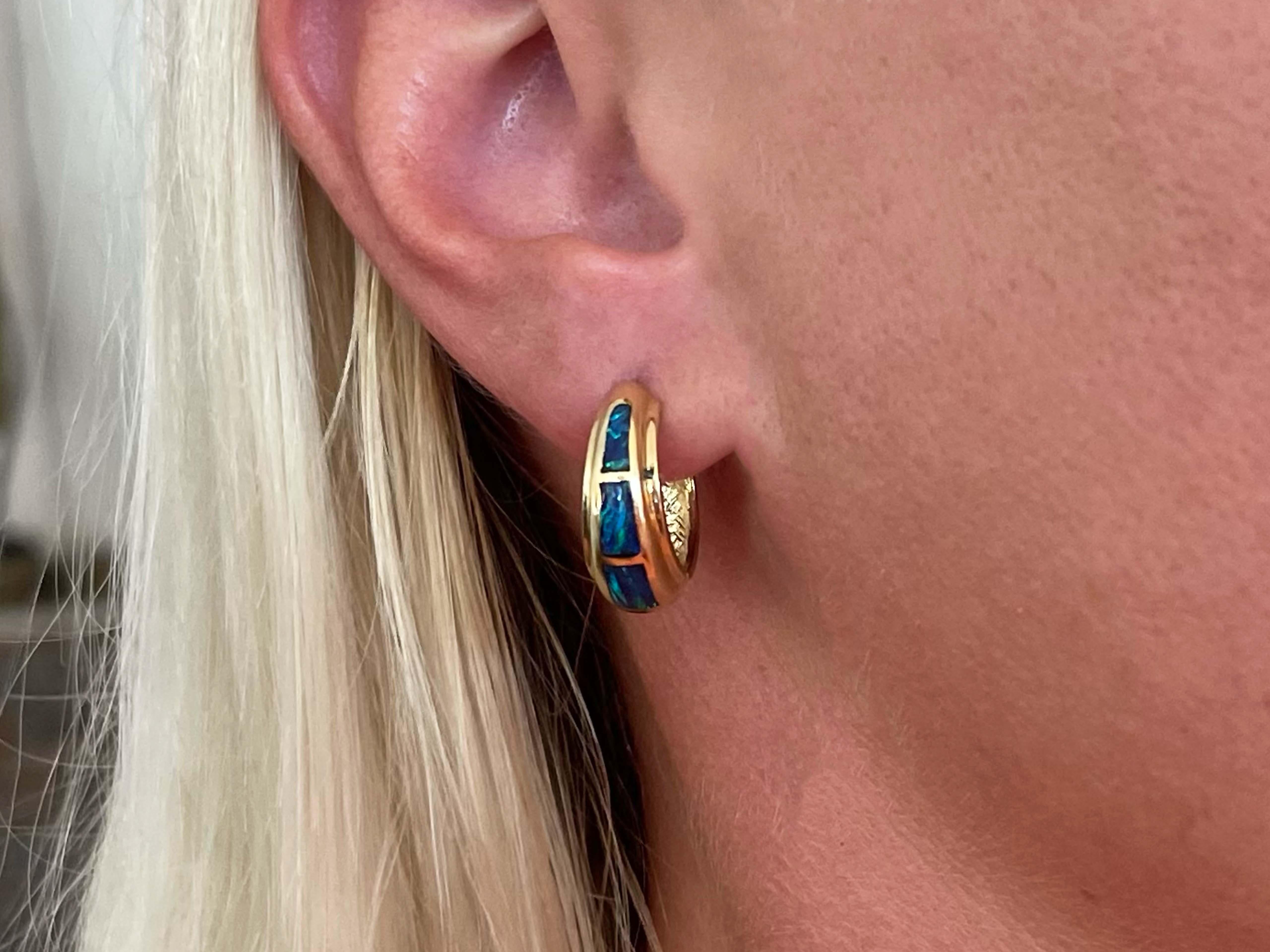 Earrings Specifications:

Metal: 14k Yellow Gold

Earring Diameter: 19 mm
​
​Gemstone Inlay: Black Opal

Total Weight: 9 Grams

Stamped: 