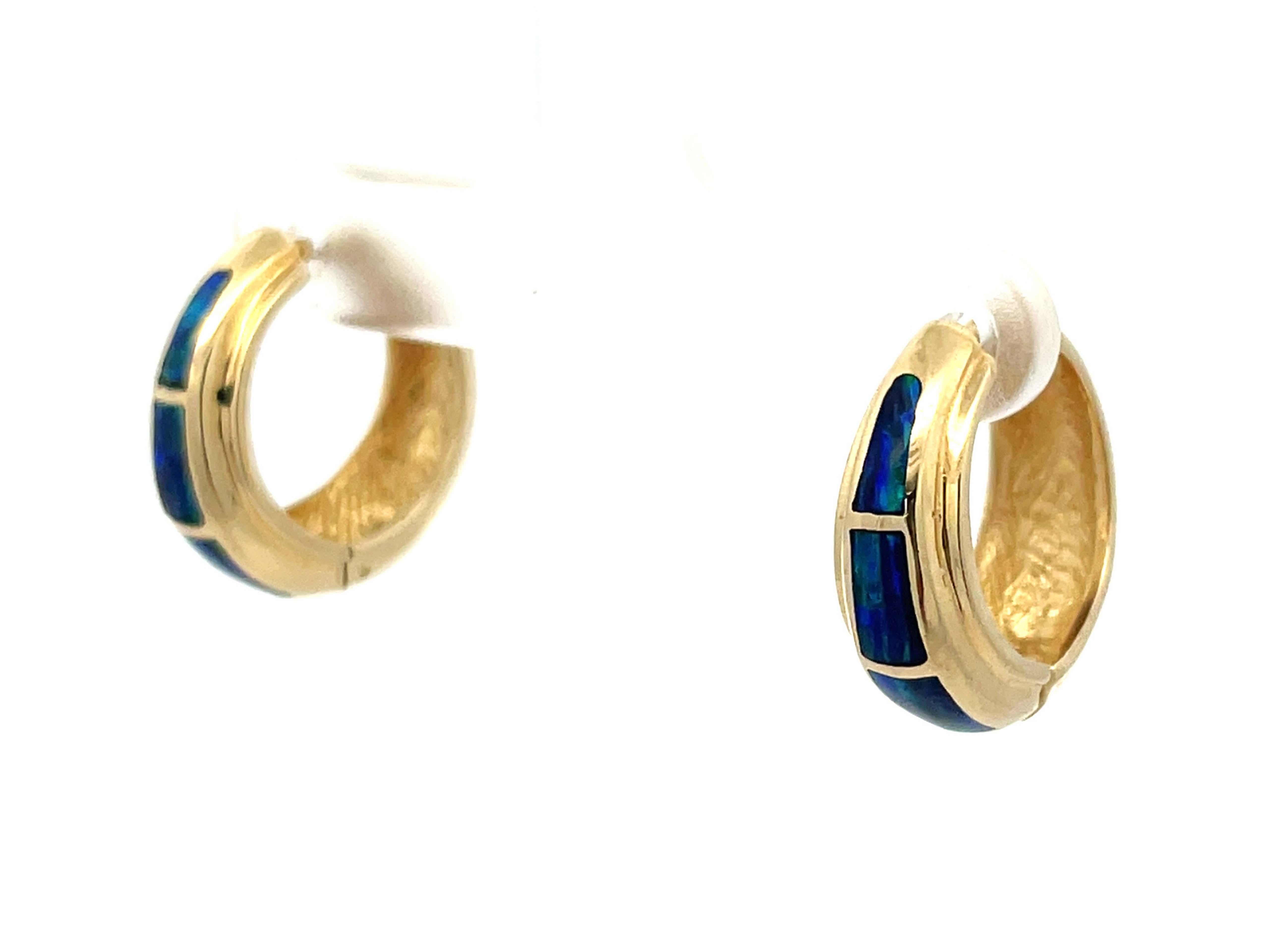 Modern Black Opal Inlay Hoop Earrings in 14k Yellow Gold