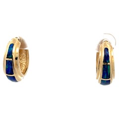 Vintage Black Opal Inlay Hoop Earrings in 14k Yellow Gold