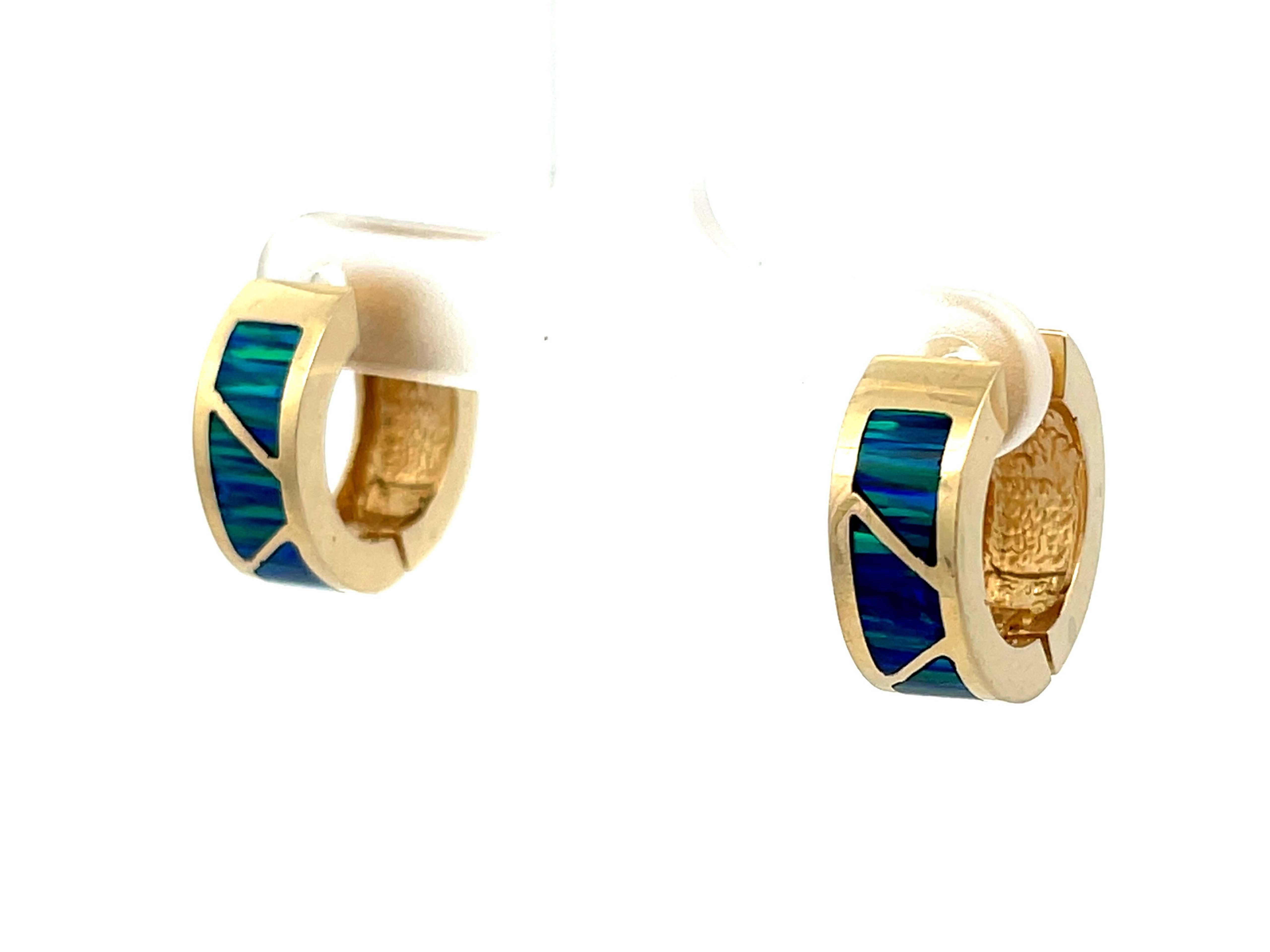 Square Cut Black Opal Inlay Hoops in 14k Yellow Gold