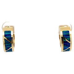 Vintage Black Opal Inlay Hoops in 14k Yellow Gold