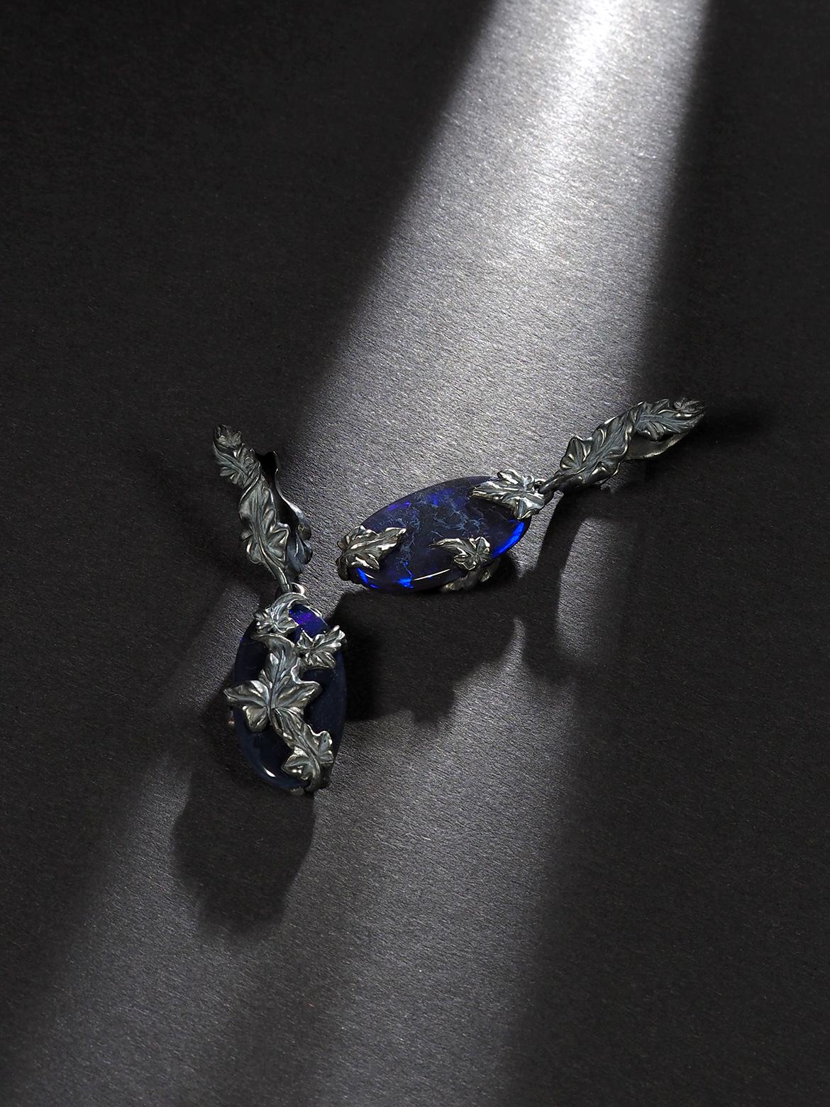 Black opal Ivy earrings neon Blue opalescence Art nouveau style For Sale 2