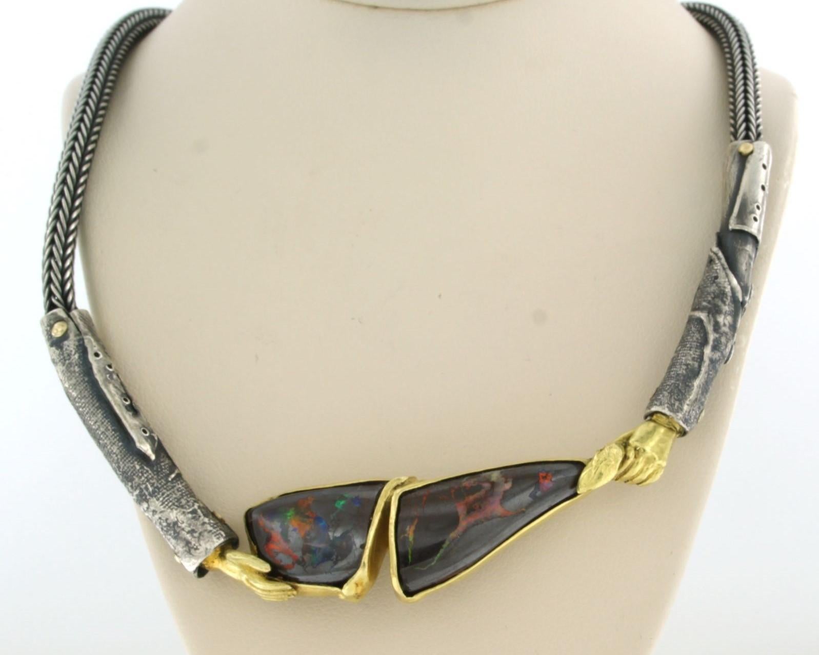 Modern Black Opal Necklace 18k gold with silver For Sale