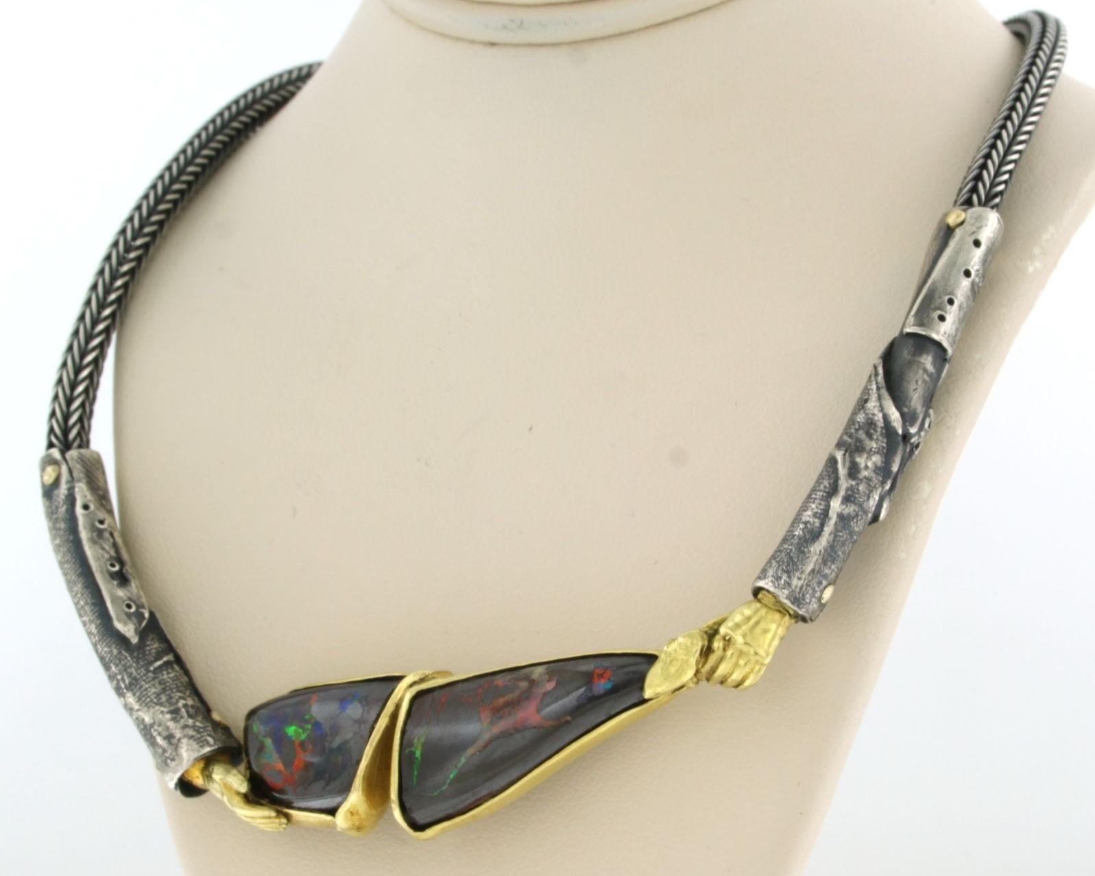 Cabochon Black Opal Necklace 18k gold with silver For Sale