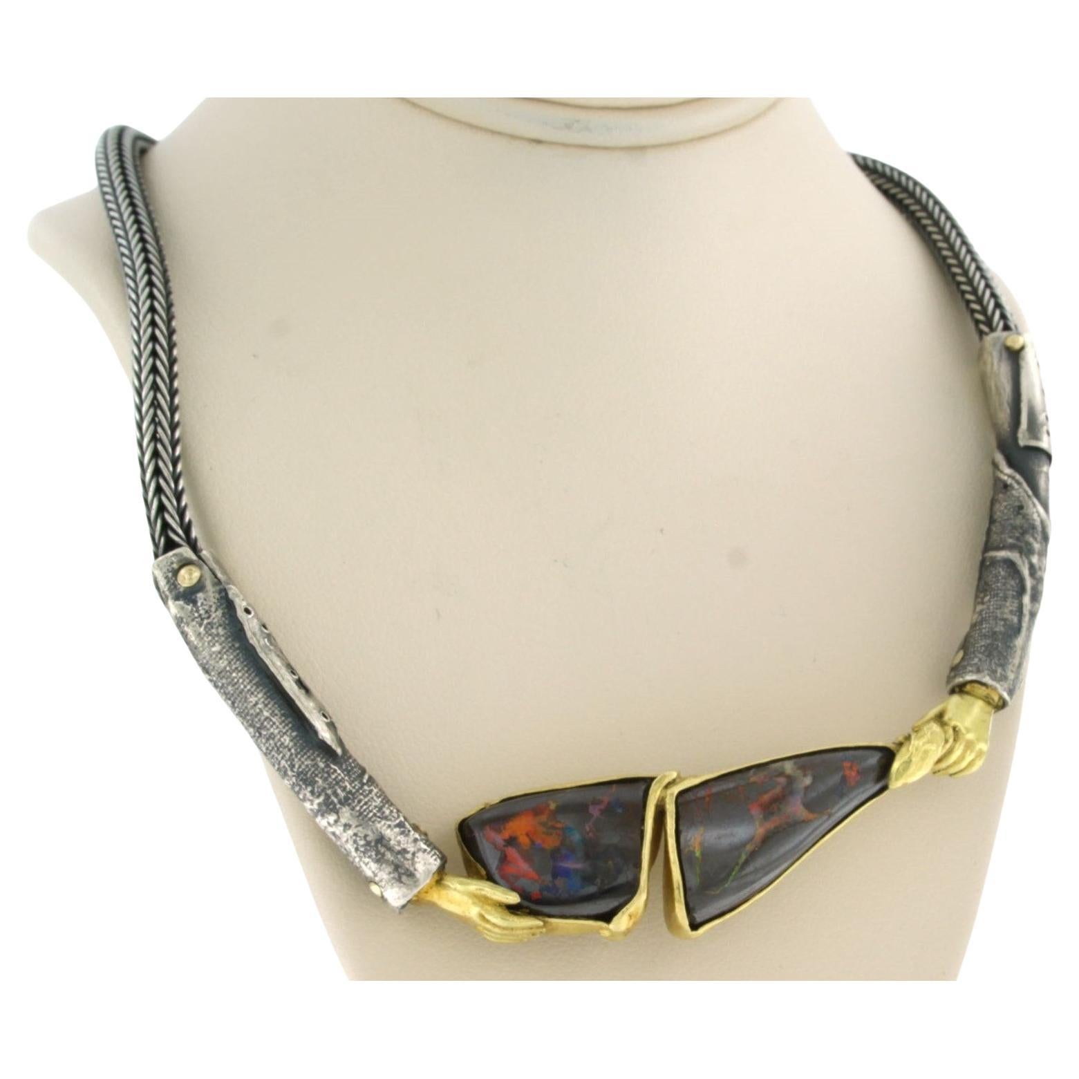 Black Opal Necklace 18k gold with silver For Sale