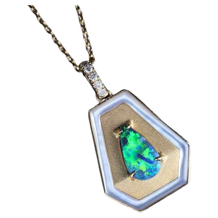 Black Opal Necklace Trapezoid Shaped Pendant 18k Yellow Gold