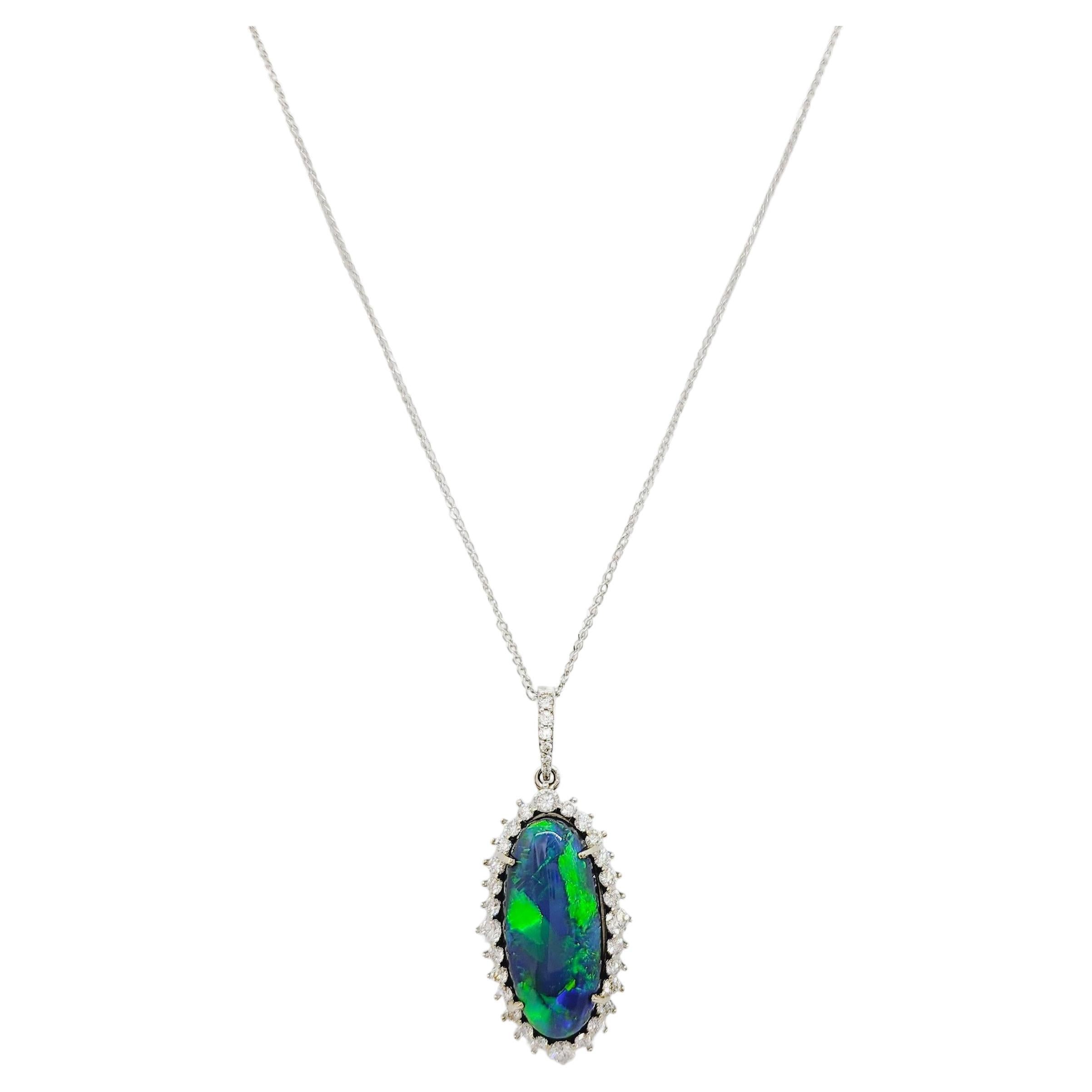 Black Opal Oval and Diamond Pendant Necklace in 18k White Gold For Sale
