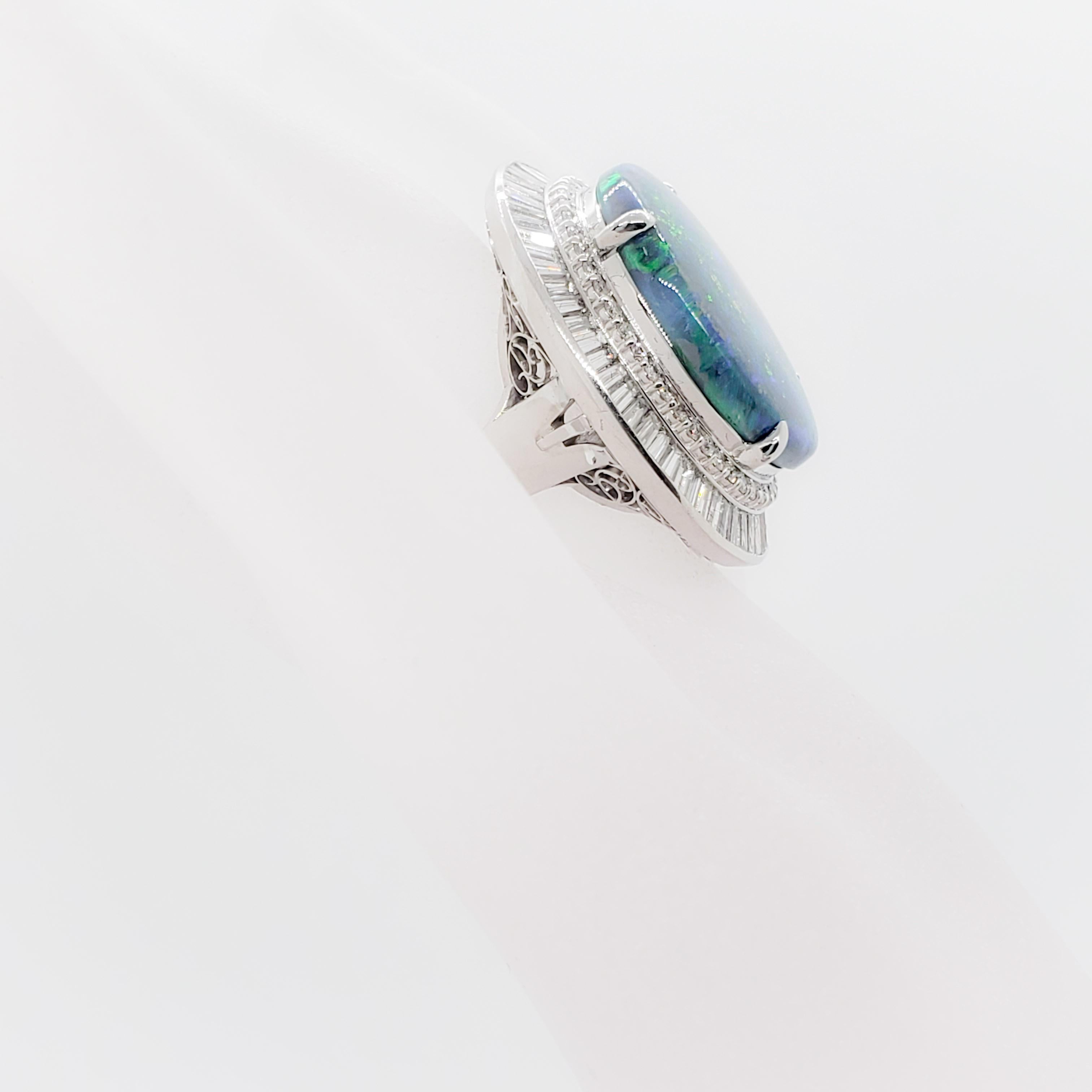 Black Opal Oval and White Diamond Cocktail Ring in Platinum In Excellent Condition In Los Angeles, CA