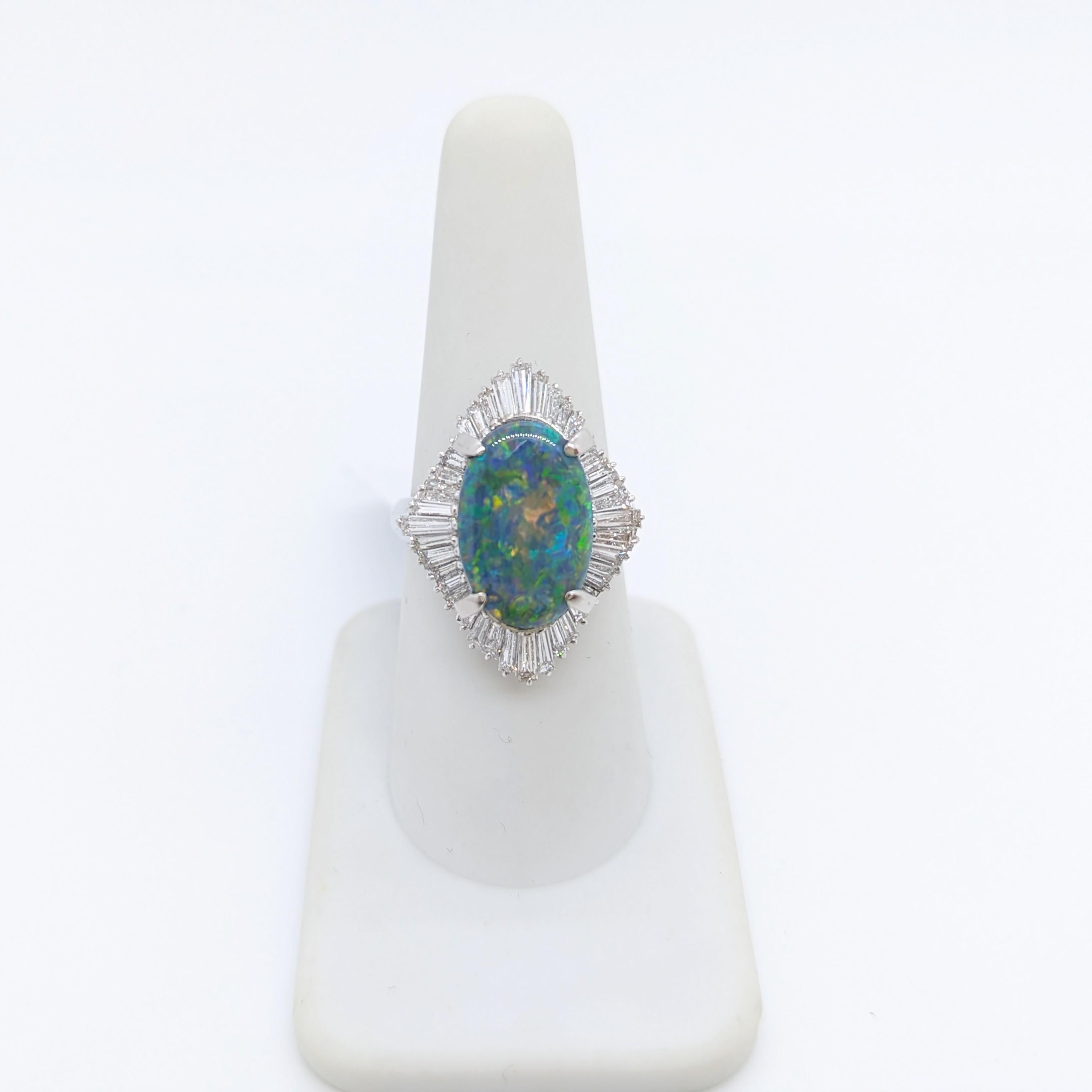 Oval Cut Black Opal Oval and White Diamond Cocktail Ring in Platinum For Sale