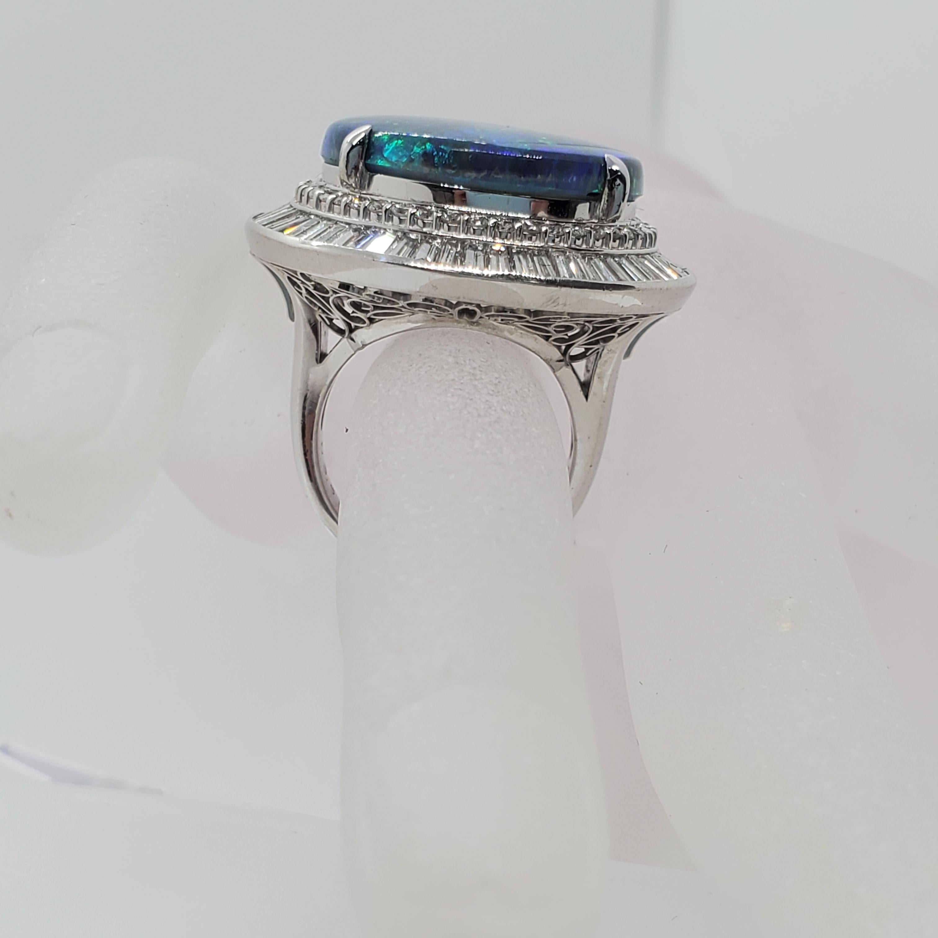 Women's or Men's Black Opal Oval and White Diamond Cocktail Ring in Platinum
