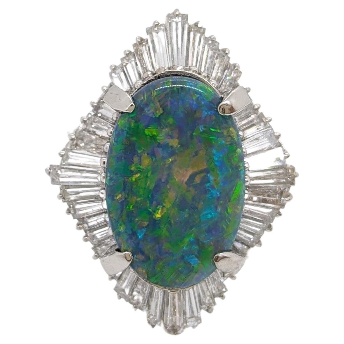 Black Opal Oval and White Diamond Cocktail Ring in Platinum For Sale