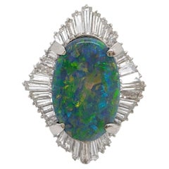 Black Opal Oval and White Diamond Cocktail Ring in Platinum