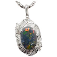 Black Opal Oval and White Diamond Necklace in 18 Karat White Gold