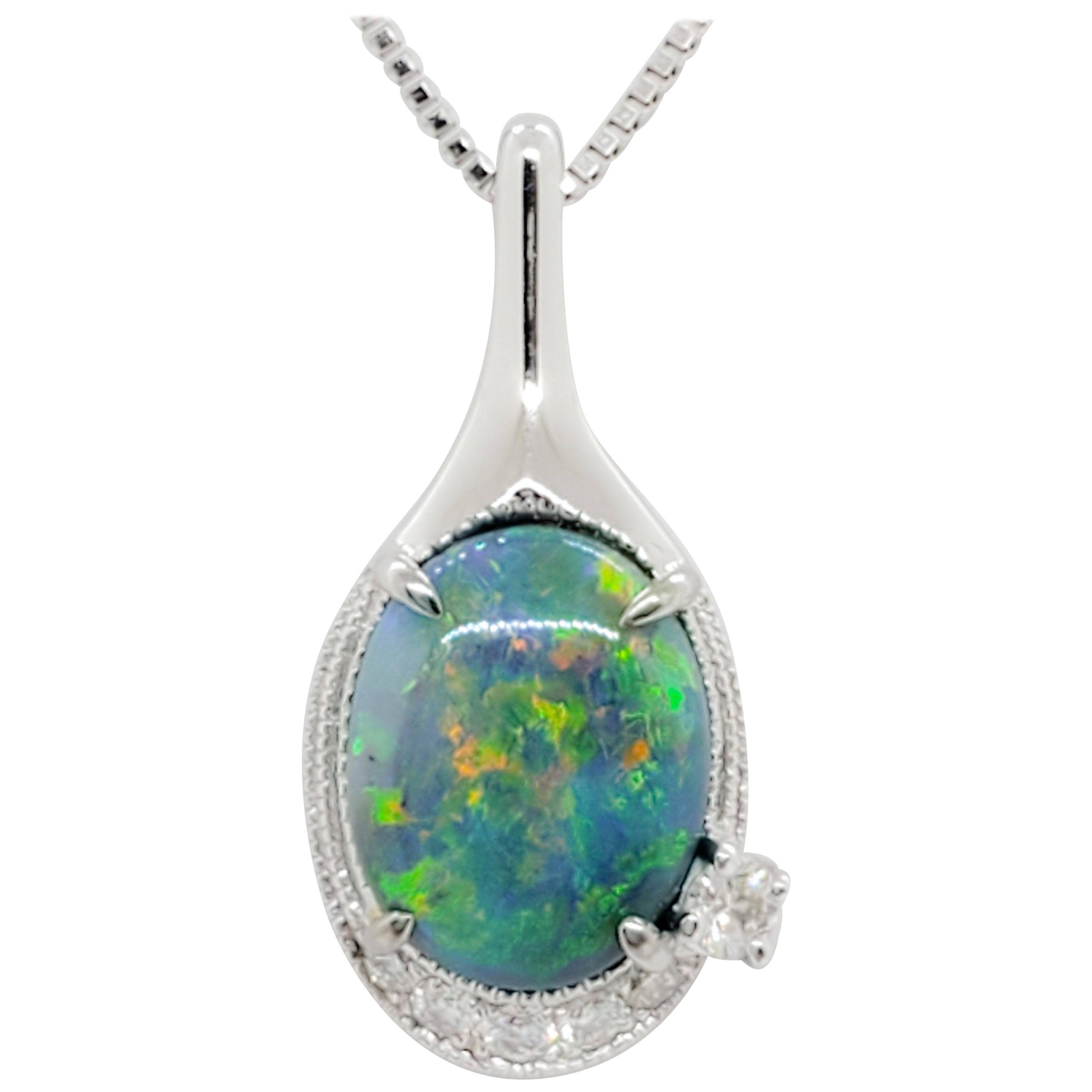 Black Opal Oval and White Diamond Pendant Necklace in 18 Karat White Gold For Sale