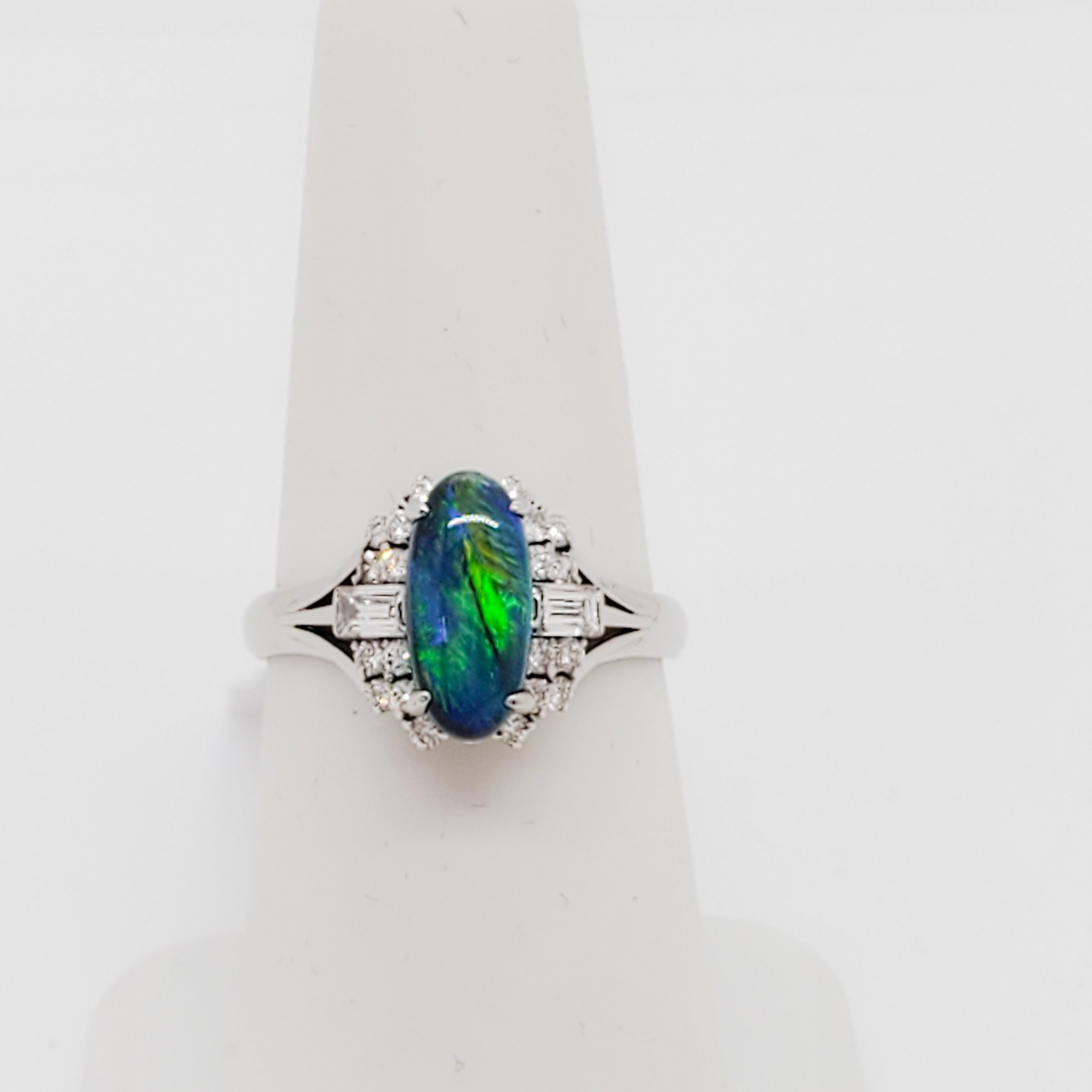 Women's or Men's Black Opal Oval and White Diamond Ring