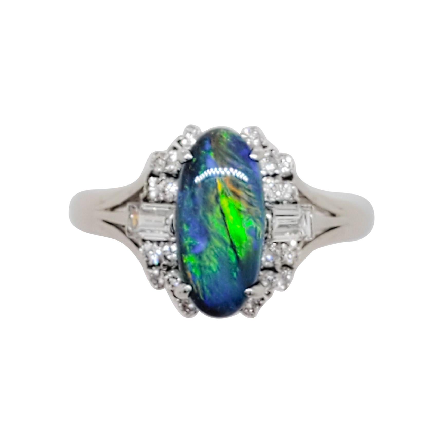 Black Opal Oval and White Diamond Ring