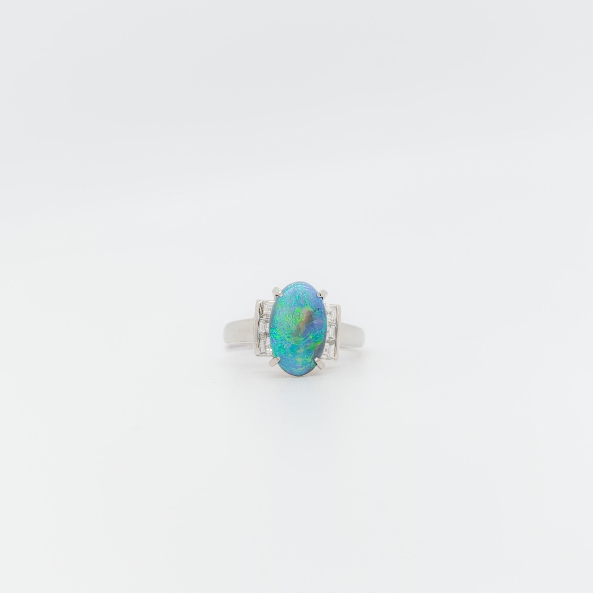 Black Opal Oval and White Diamond Cocktail Ring in Platinum In New Condition For Sale In Los Angeles, CA