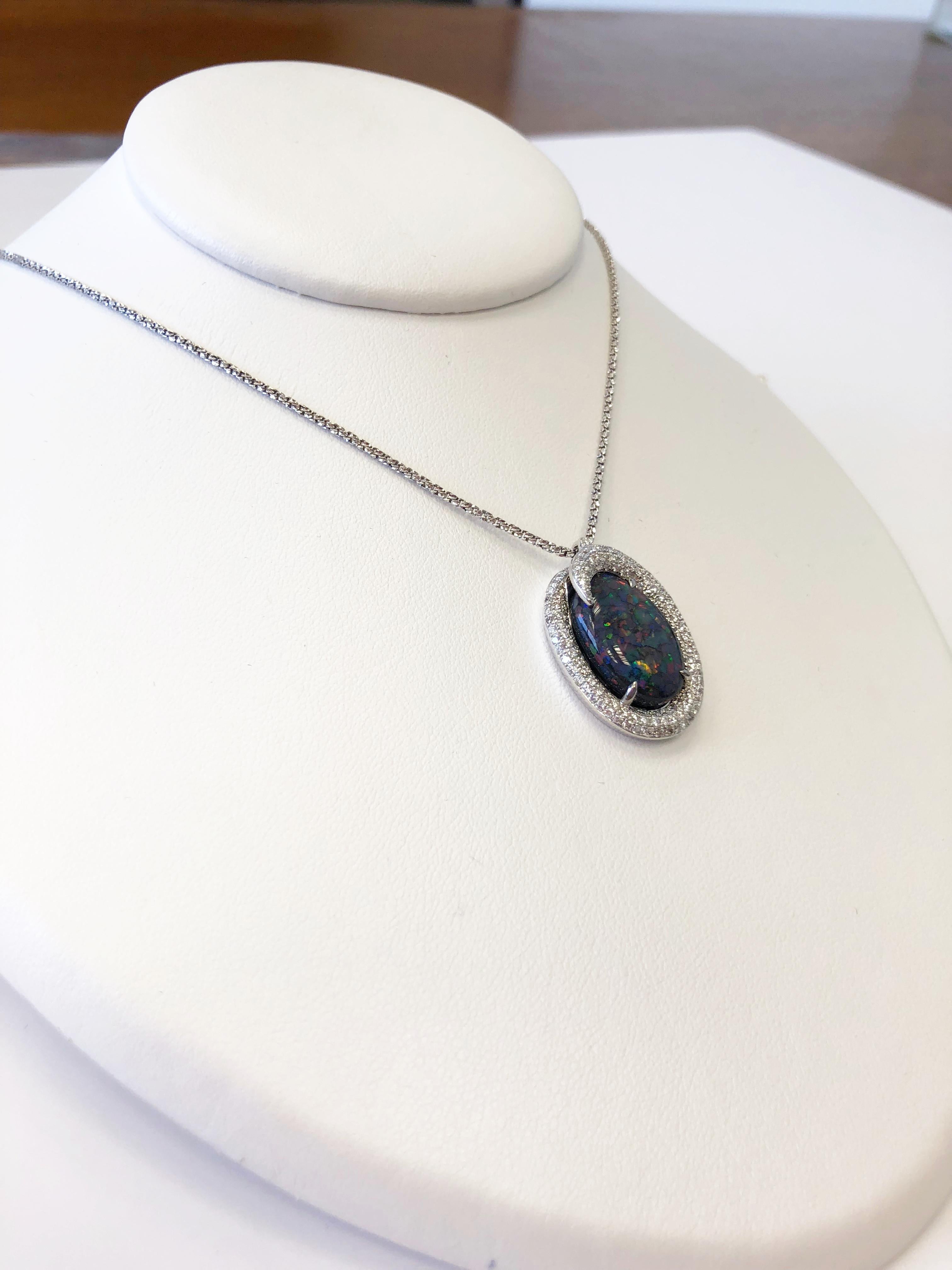 Black Opal Oval Cabochon and Diamond Pendant Necklace in 18 Karat White ...