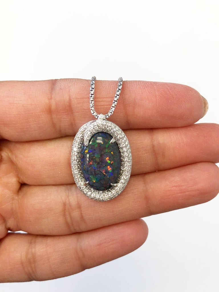 Black Opal Oval Cabochon and Diamond Pendant Necklace in 18 Karat White