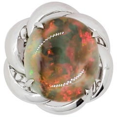 Black Opal Oval Cabochon and Platinum Cocktail Ring