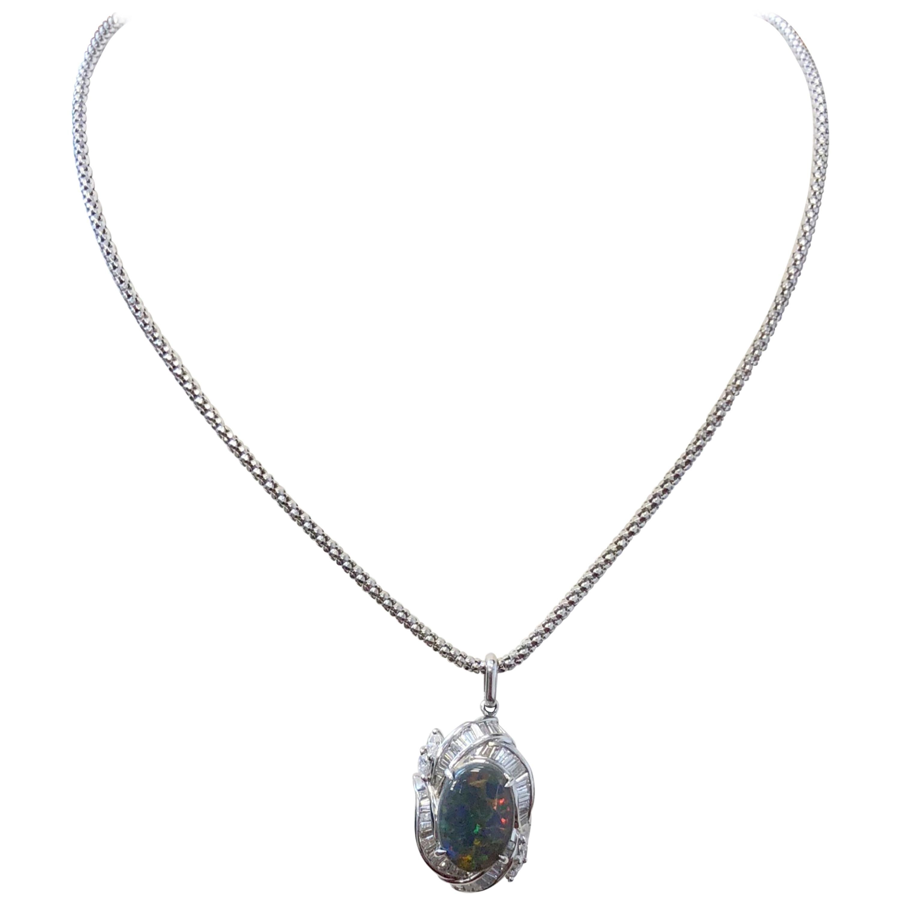 Black Opal Oval Cabochon and Diamond Pendant Necklace in 18 Karat White