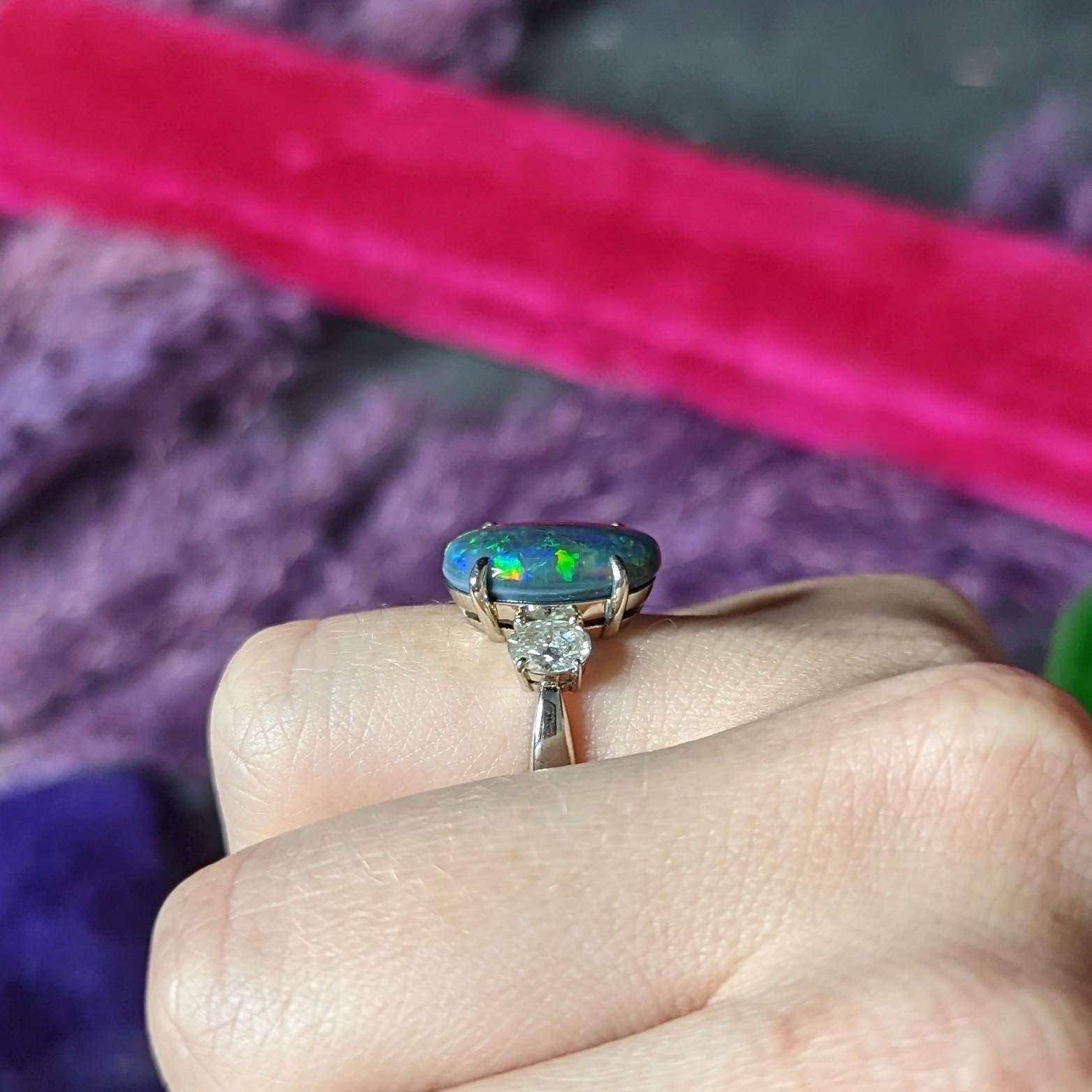 Black Opal Oval Cut Diamond Platinum Three Stone Gemstone Ring For Sale 5