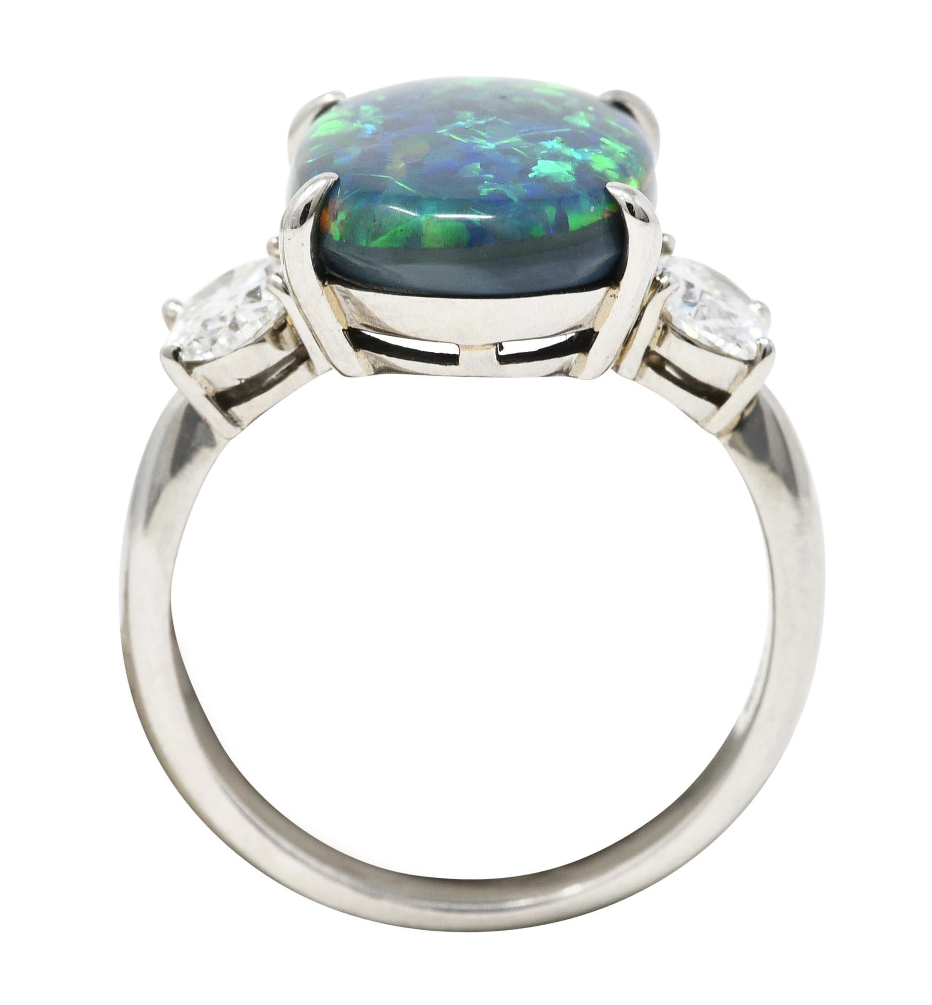 Black Opal Oval Cut Diamond Platinum Three Stone Gemstone Ring For Sale 3