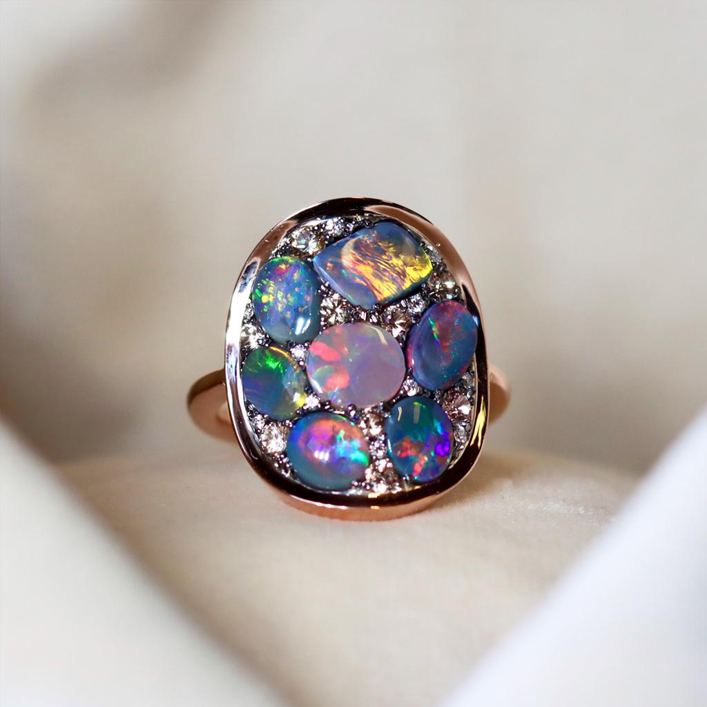 Black Opal Padparadscha Sapphire Diamond Mosaic Ring 4