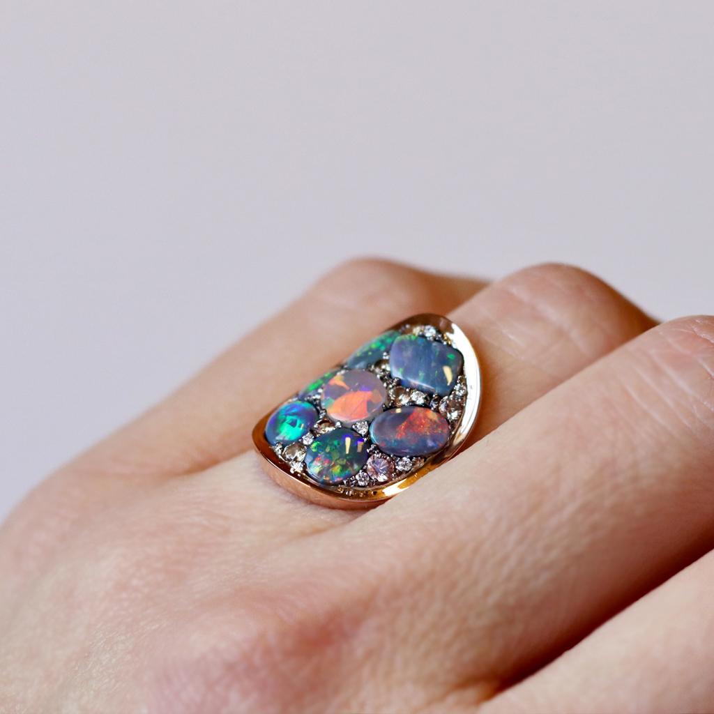 Black Opal Padparadscha Sapphire Diamond Mosaic Ring 6