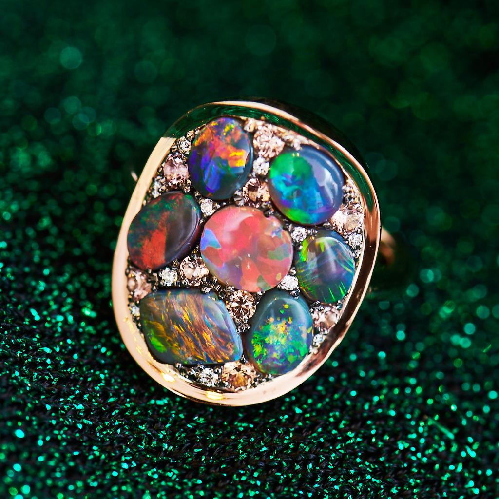 Art Nouveau Black Opal Padparadscha Sapphire Diamond Mosaic Ring